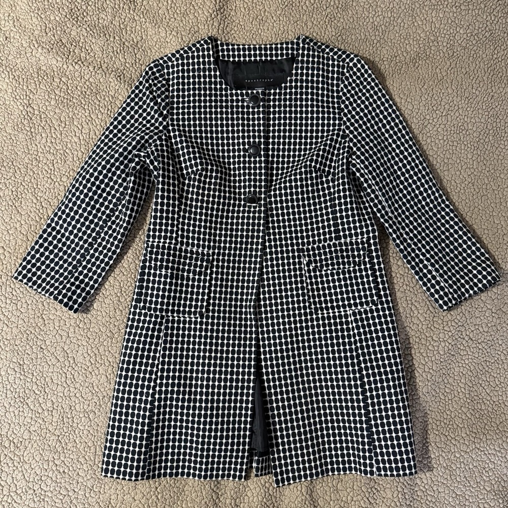 Apostrophe Black White Geometric Grid Cotton Car Coat Jacket Womens Medium